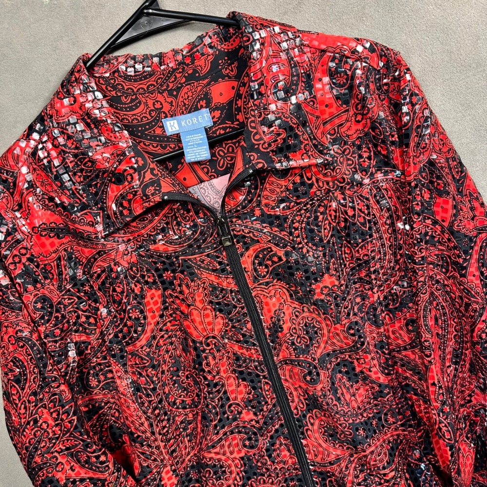 Koret Vintage Zip Jacket Women Large Red Paisley Sequin Stretch Lightweight Exc